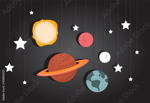 Cute cardboard planets and stars hanging