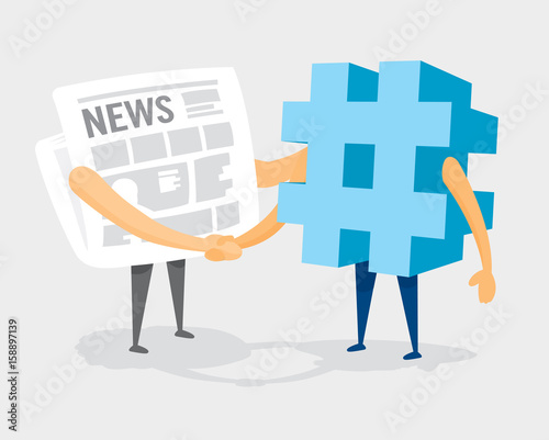 Newspaper and hashtag shaking hands