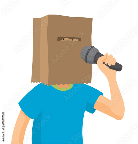 Shy man talking to microphone