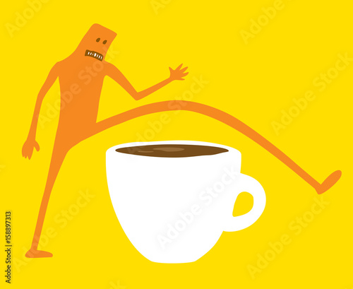 Doodle character jumping over coffee or breakfast