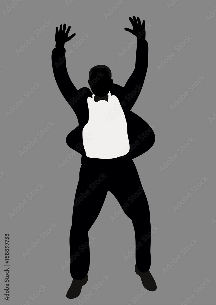 Vector, isolated on gray background silhouette of a man in a suit is jumping