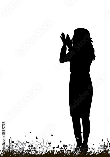 Vector, isolated silhouette girl applauding in nature