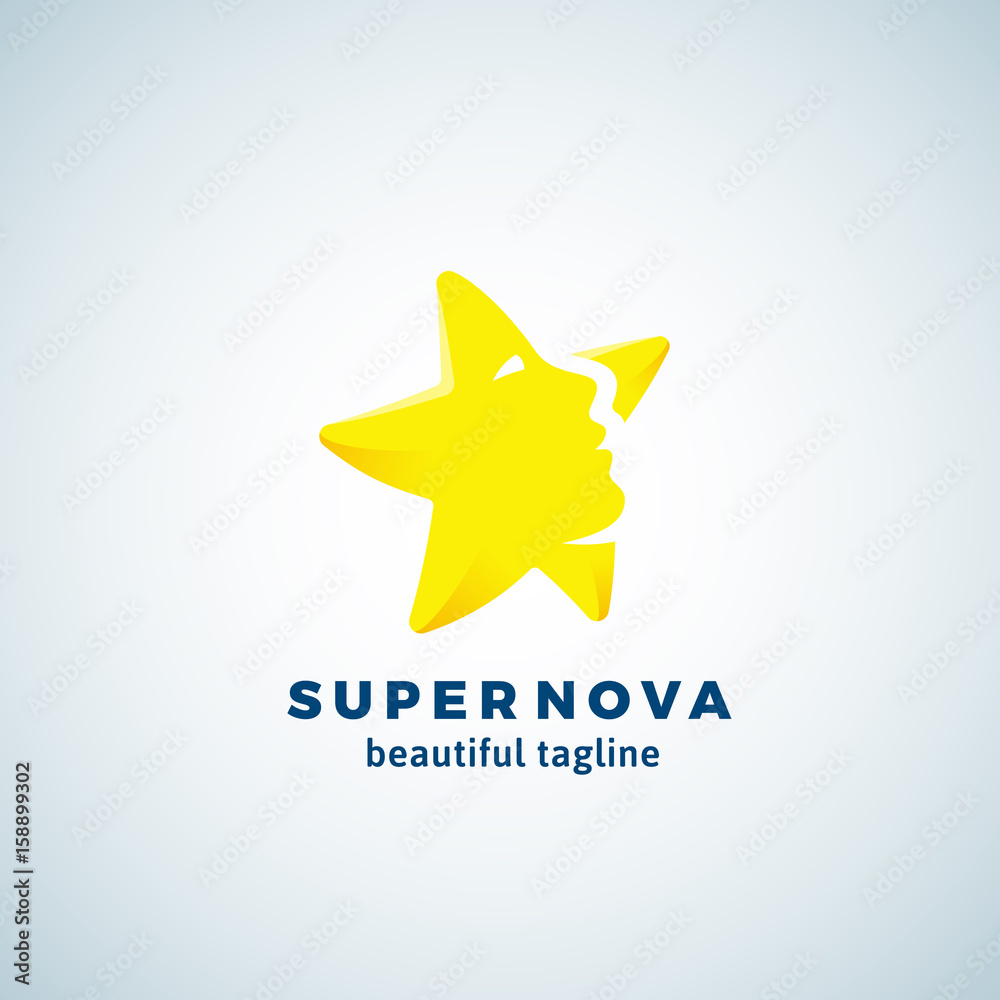 Super Nova Abstract Vector Sign, Emblem or Logo Template. Star Silhouette as a Beautiful Woman Face. Flat Style Symbol with Modern Typography.