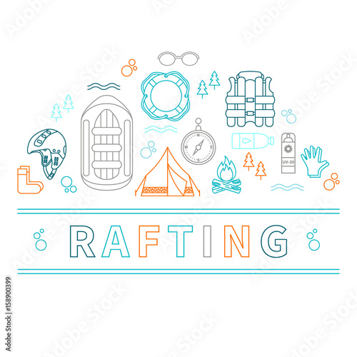 Vector illustration with rafting and camping equipment in linear design