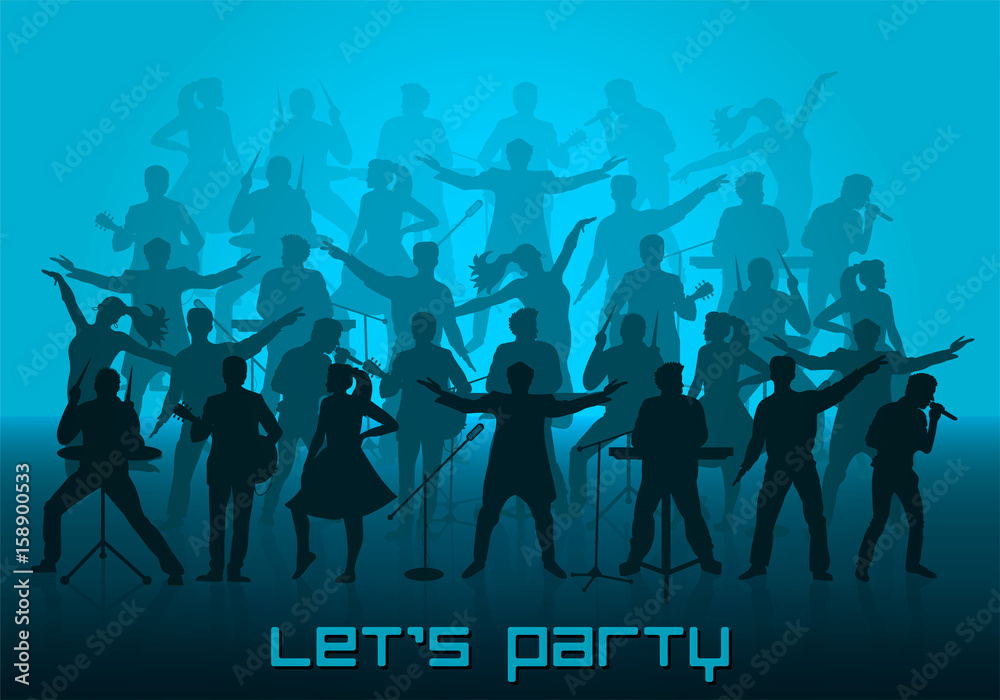 Let's party concept. Set of silhouettes of musicians, singers and dancers. Vector illustration
