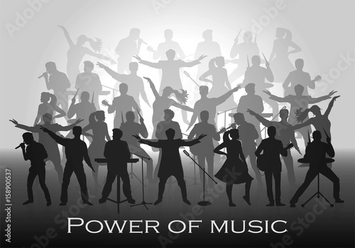 Power of music concept. Set of silhouettes of musicians, singers and dancers. Vector illustration