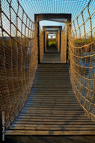 Fototapeta Naklejka Na Ścianę i Meble -  Bridge with rope and net. Blue sky. Vertical photo. Walking adventure.