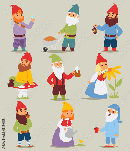 Gnome garden set funny little characters cute fairy tale dwarf man and woman in cap cartoon vector illustration.