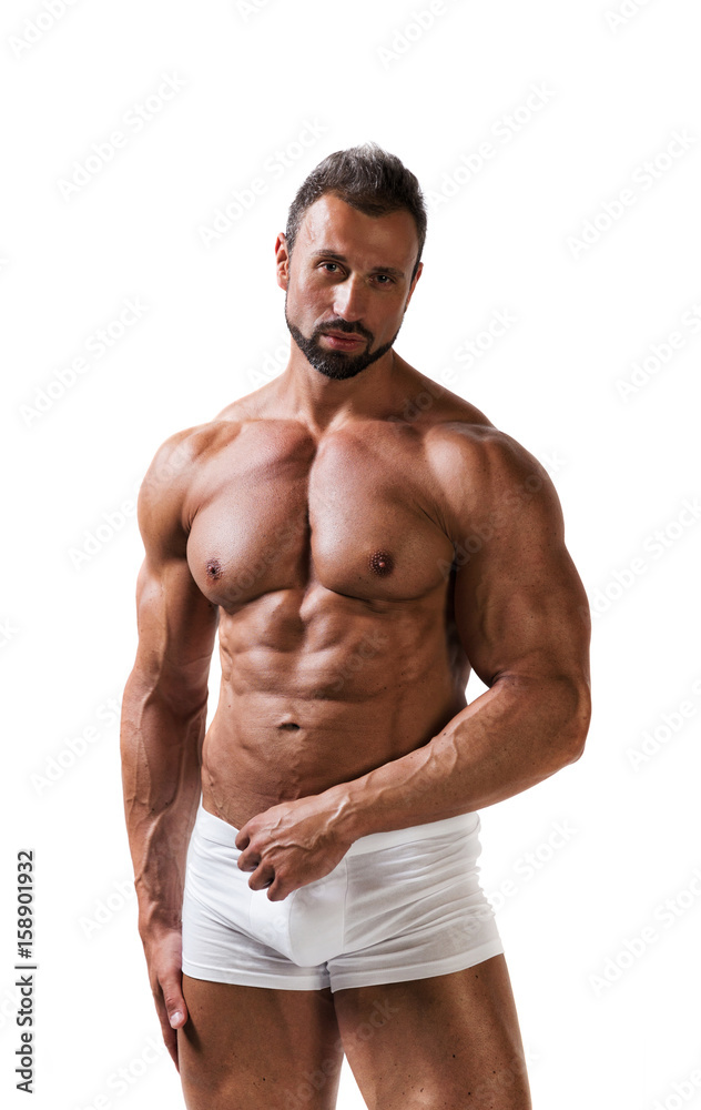 Muscular atletic man in underwear isolated white Muscular atletic man in underwear isolated white