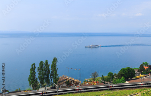 Lavaux village, lake Leman, vineyard, railway track in the vineyard. Lausanne Switzerland