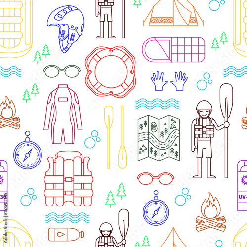 Vector seamless pattern with rafting and camping equipment in linear design