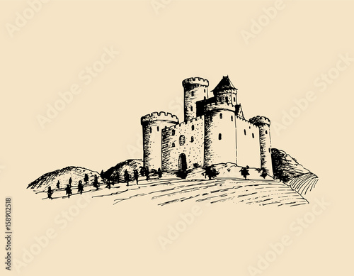 Vector old castle illustration. Gothic fortress. Hand drawn sketch of landscape with tower among rural fields and hills.