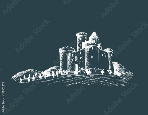 Vector old castle illustration. Gothic fortress. Hand drawn sketch of landscape with tower among rural fields and hills.