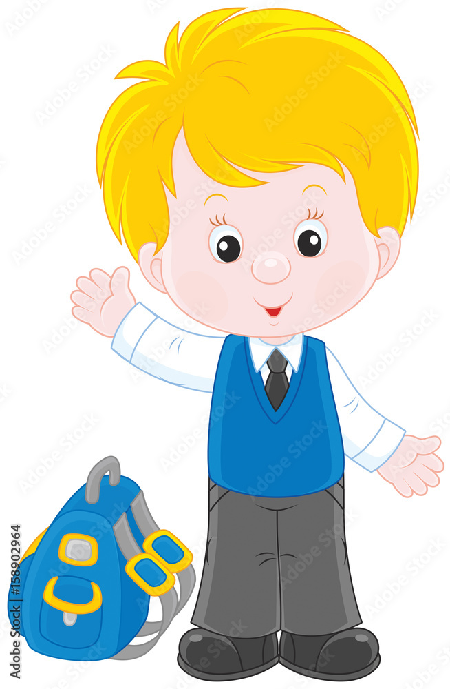 Little schoolboy smiling, standing with his schoolbag and waving in greeting Little schoolboy smiling, standing with his schoolbag and waving in greeting