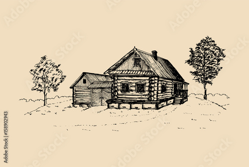 Vector rural landscape illustration. Hand drawn russian countryside poster. Sketch of village peasants house