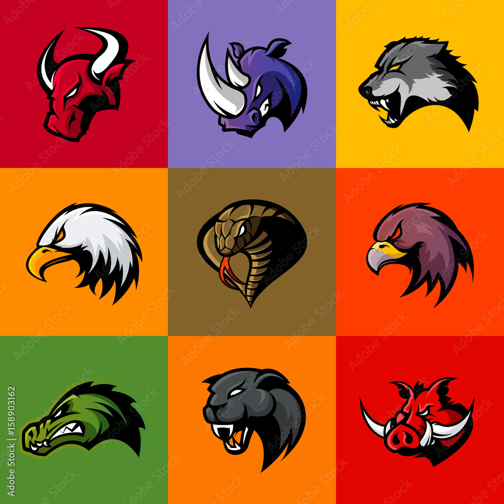 Naklejka premium Bull, rhino, wolf, eagle, cobra, alligator, panther, boar head isolated vector logo concept. Modern badge mascot design. Premium quality wild animal, bird, snake t-shirt tee print illustration.