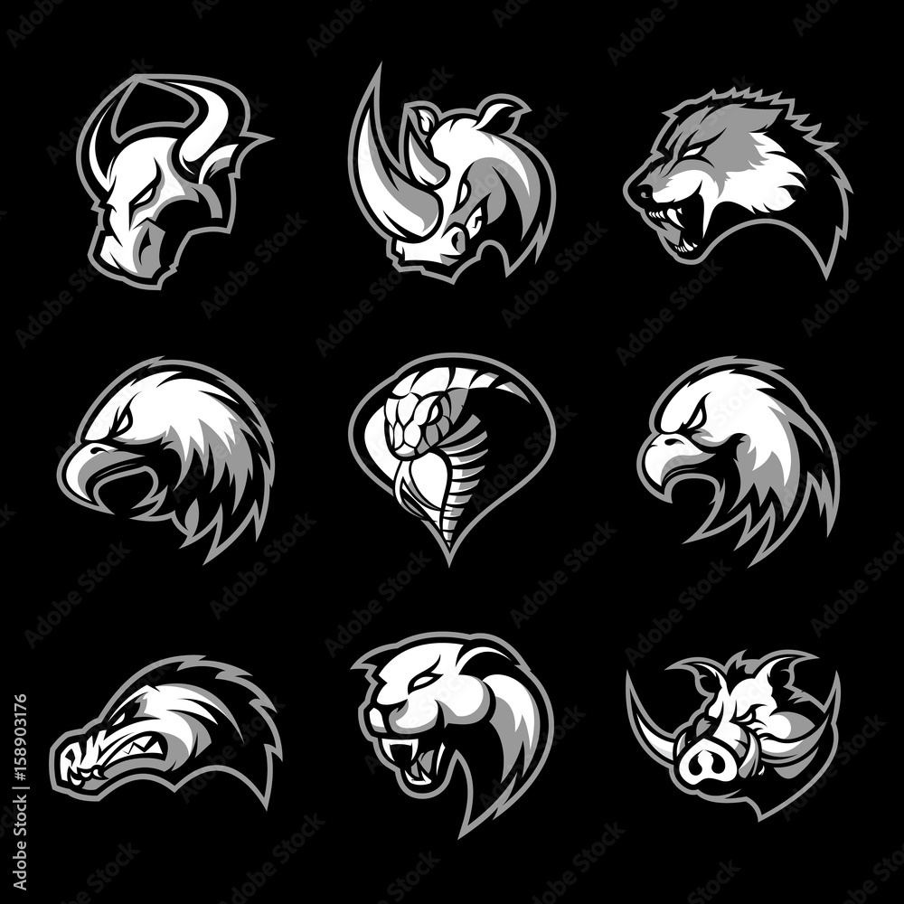 Bull, rhino, wolf, eagle, cobra, alligator, panther, boar head isolated vector logo concept. 
Modern badge mascot design. Premium quality wild animal, bird, snake t-shirt tee print illustration.