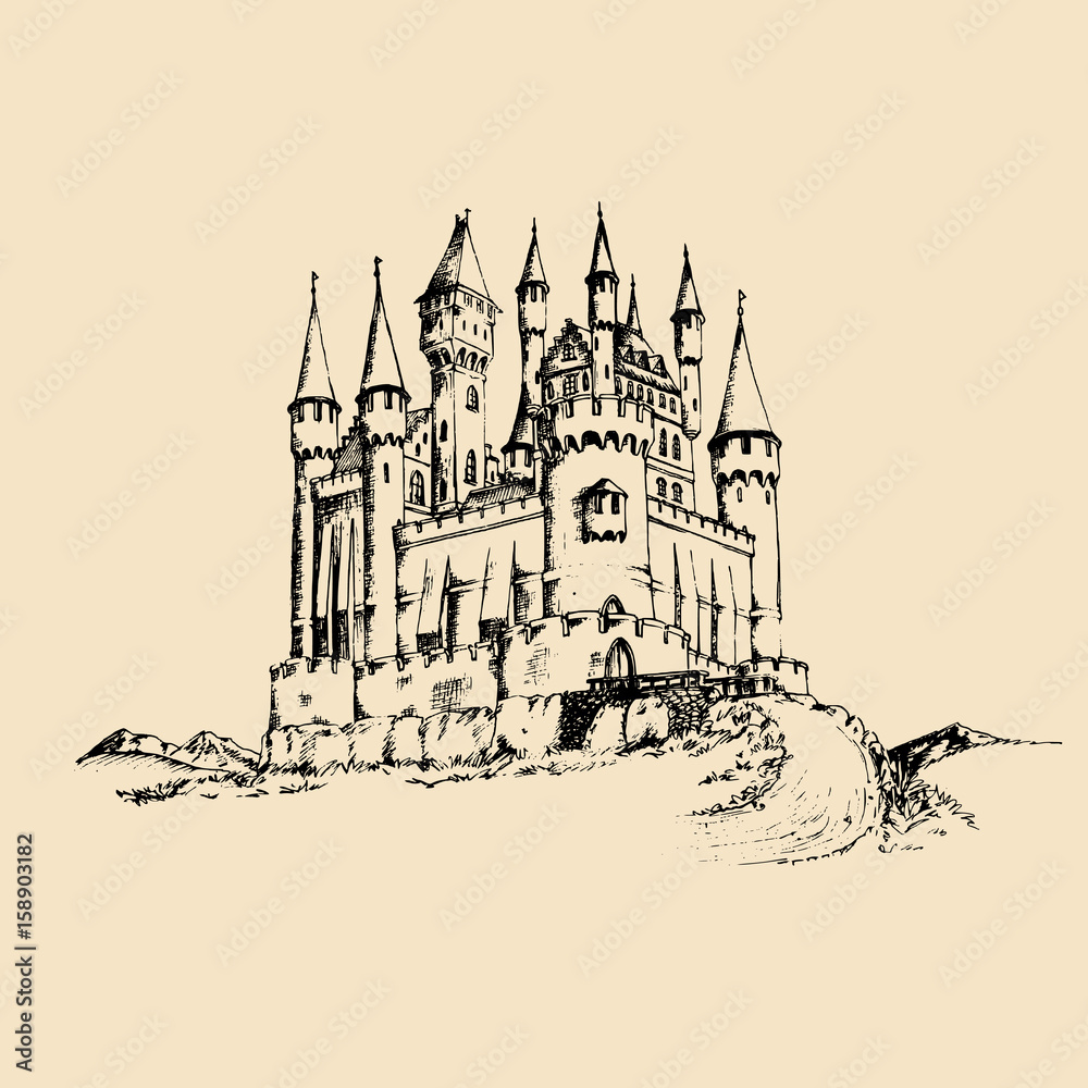 Vector old castle illustration.Gothic fortress background.Hand drawn sketch of landscape with ancient tower in mountains