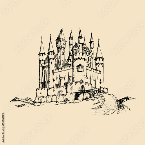 Vector old castle illustration.Gothic fortress background.Hand drawn sketch of landscape with ancient tower in mountains