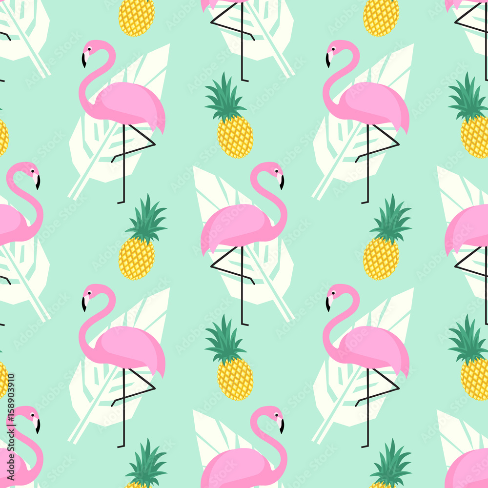 Tropical trendy seamless pattern with pink flamingos, pineapples and palm  leaves on mint green background. Exotic Hawaii art background. Design for  fabric, wallpaper, textile and decor. Stock Vector | Adobe Stock