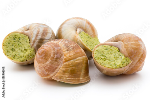 Cooked snails delicacy. French cuisine stuffed snails.