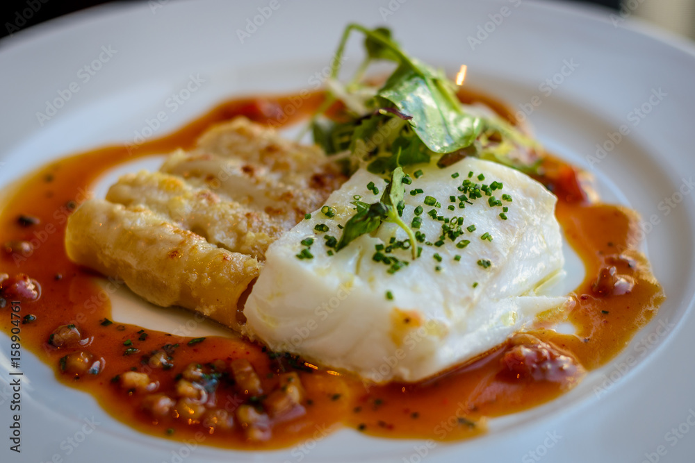 Silver cod, lobster macaroni and piquillo sauce Silver cod, lobster macaroni and piquillo sauce