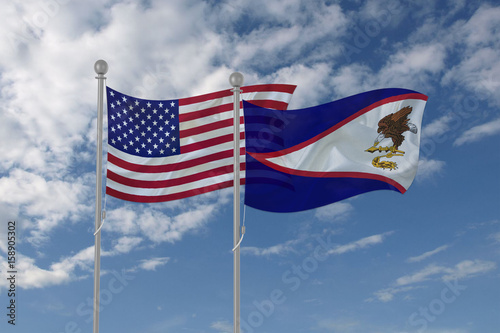 American Samoa and USA flag waving in the sky
