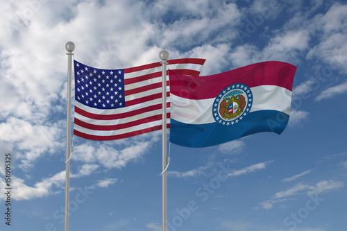 Missouri and USA flag waving in the sky