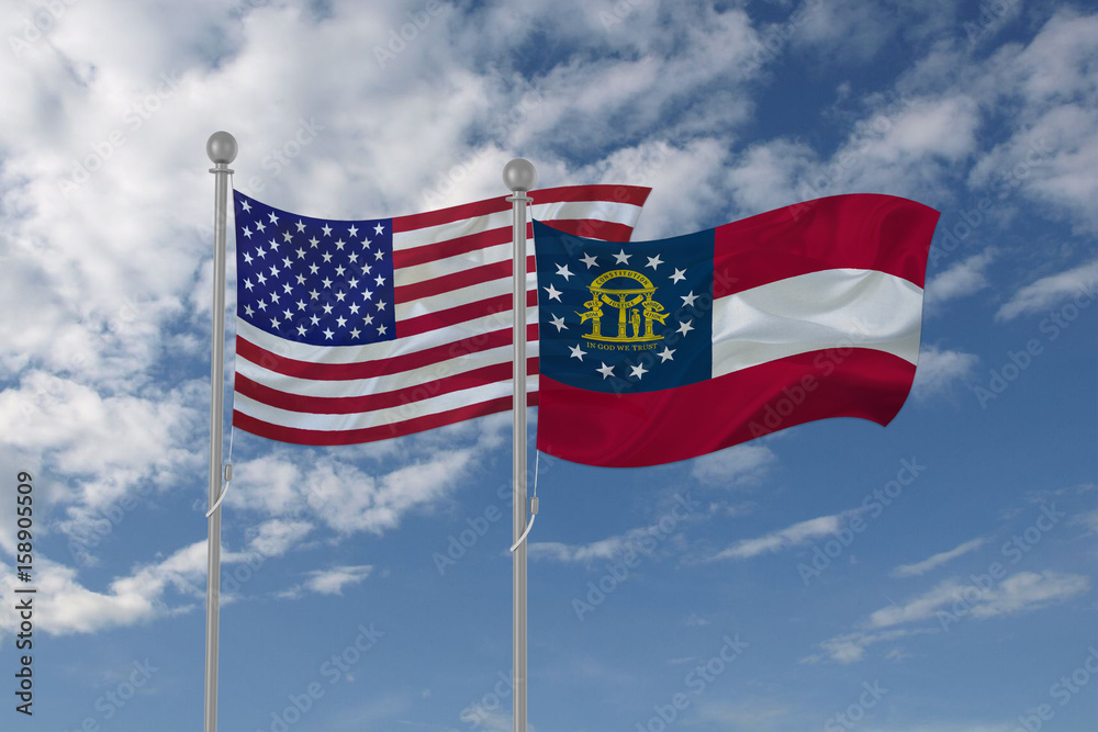 Georgia and USA flag waving in the sky