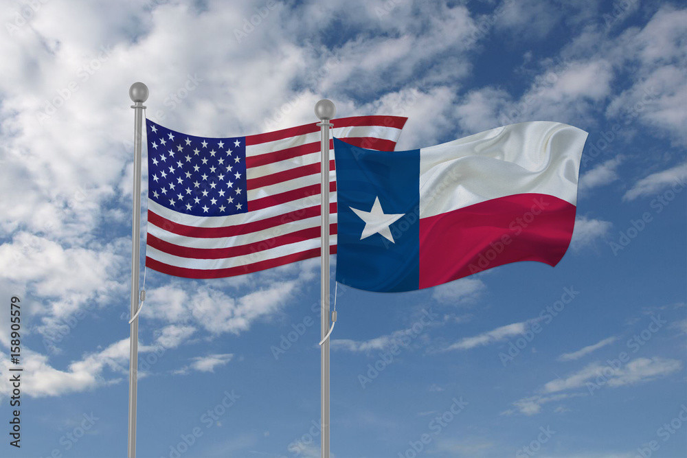 Texas and USA flag waving in the sky