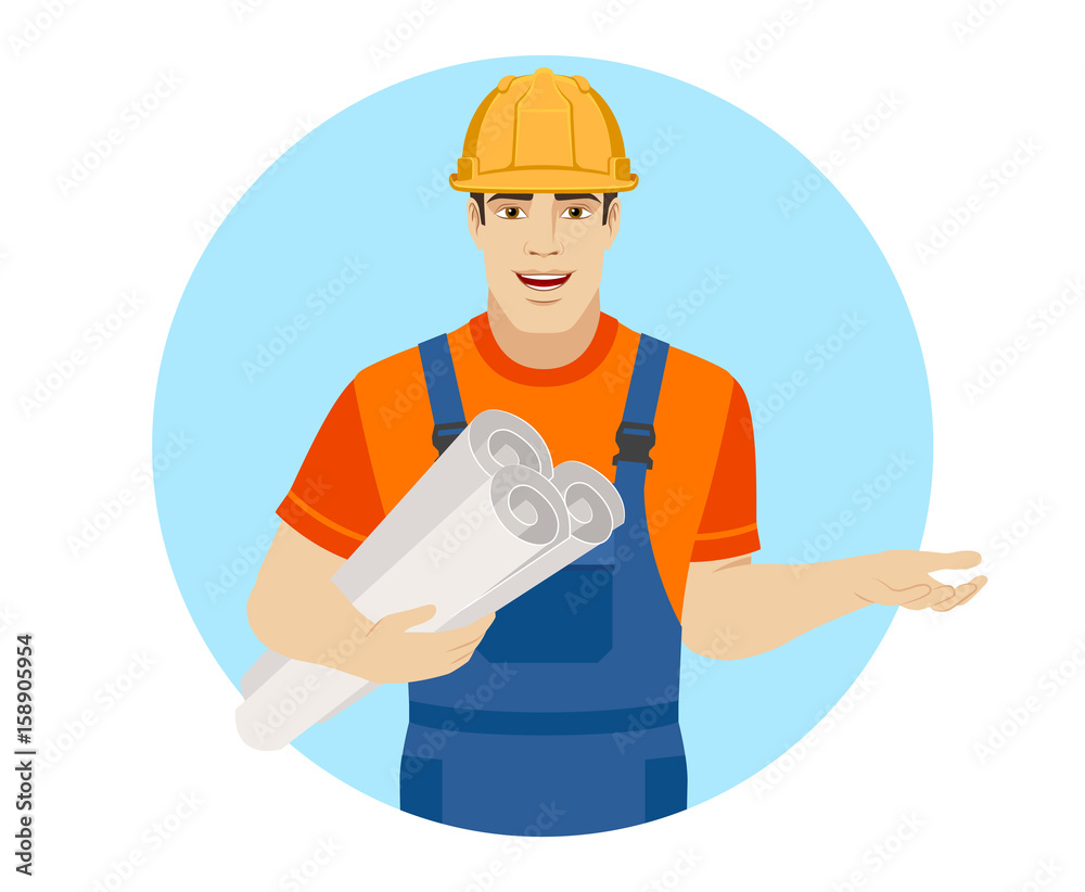Builder holding the project plans and gesturing Builder holding the project plans and gesturing