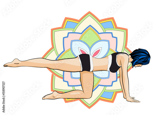 Woman doing yoga exercises. Mandala on the background. Vector image.