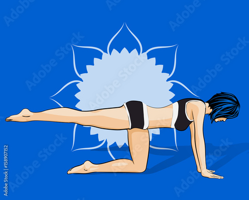 Woman doing yoga exercises. Mandala on the background. Vector image.