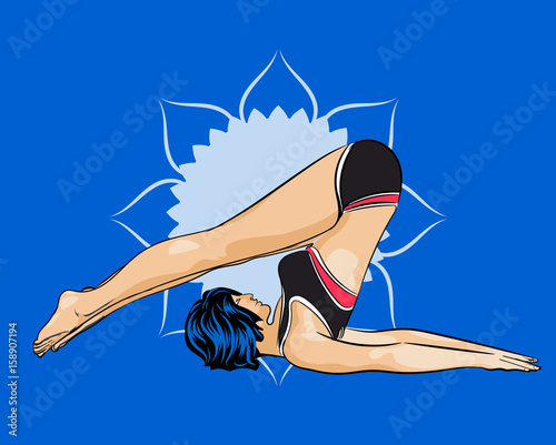 Woman doing yoga exercises. Mandala on the background. Vector image.