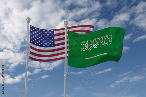 USA and Saudi Arabia flag waving in the sky