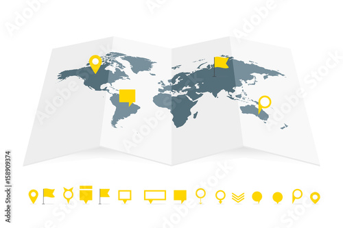 World map paper guide with pins set vector illustration