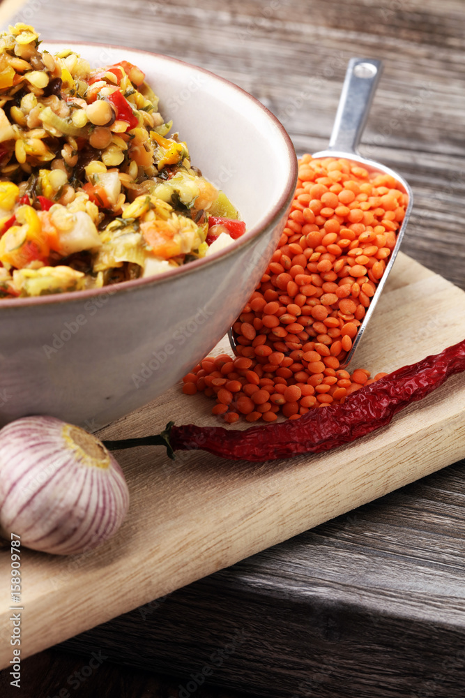 Lentil curry salad with carrot, cauliflower, broccoli and onion Lentil curry salad with carrot, cauliflower, broccoli and onion