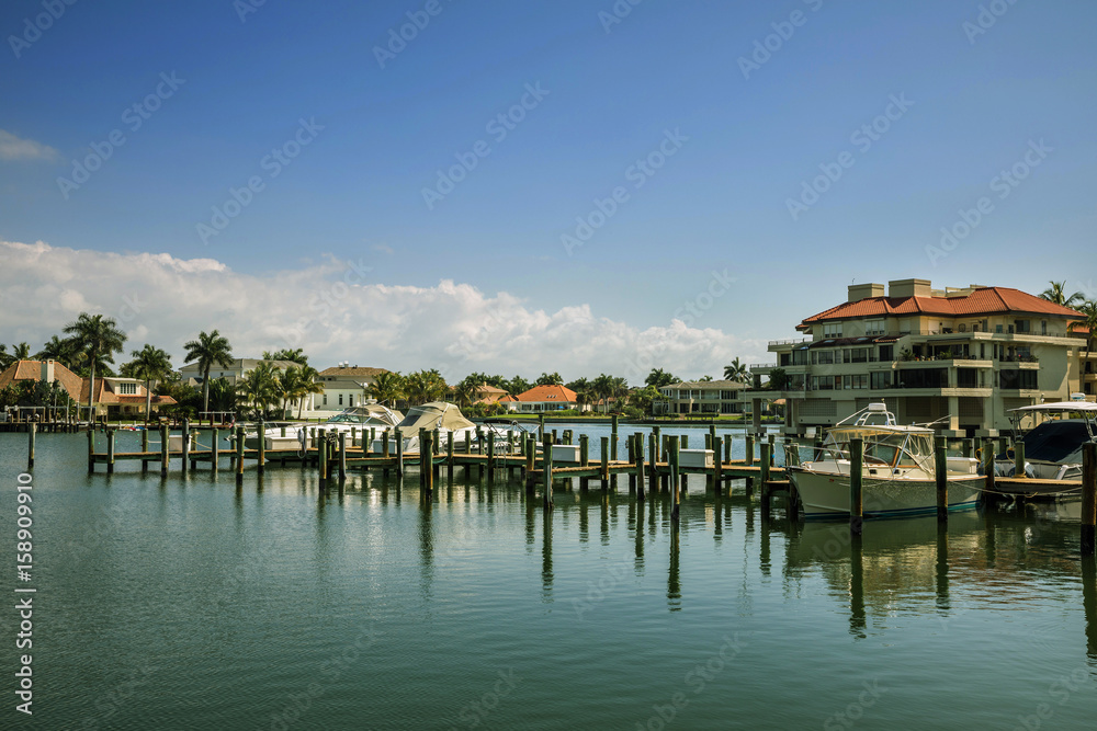 Naples Bay marina in Florida from Tamiami Trail. USA