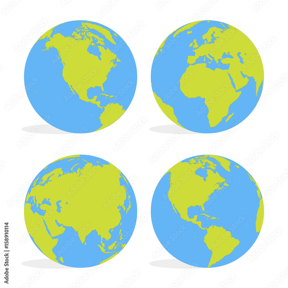 Green and blue cartoon world map globe set vector illustration Stock Vector  | Adobe Stock