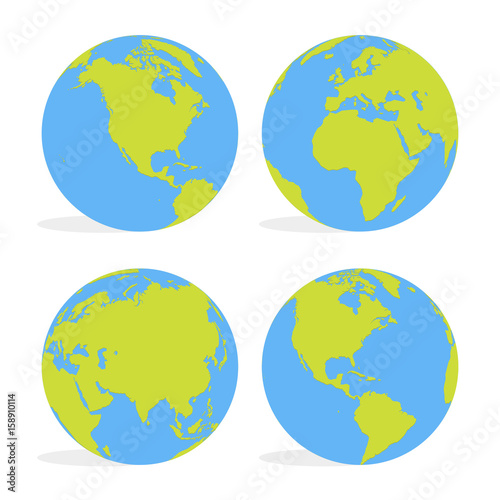 Green and blue cartoon world map globe set vector illustration
