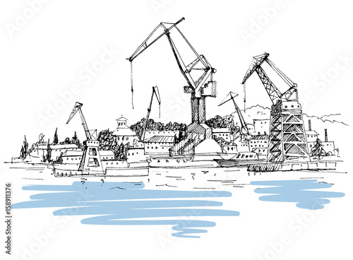 Cargo, ship, shipyard, sketch. Crimea. Travels. Tourism.