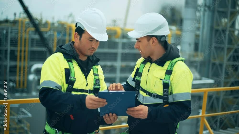 Two oil and gas workers duscussing at refinery industry. Two oil and gas workers duscussing at refinery industry.