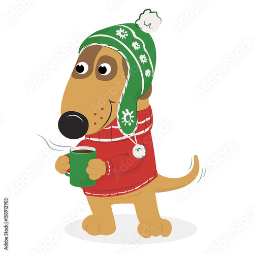 Christmas card with cute cartoon dog warm hat and sweater and coffee. On a white background. Vector illustration.