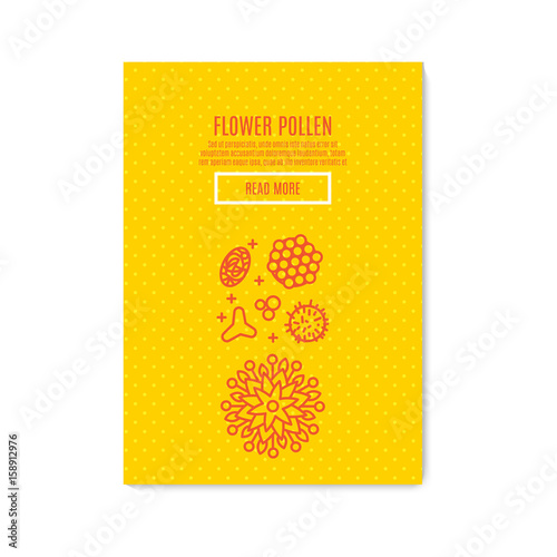 Sunny pollen Banner honey product. Juicy colors, linear icons with bees, honeycombs, apiculture devices, for advertising apitherapy products, beekeeping, cosmetic preparations, creams, soaps medicines