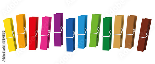 Clothes pegs - colored clothespins collection loosely arranged - isolated vector on white background. photo
