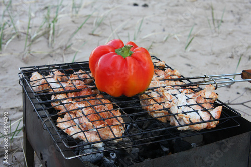 Meat with vegetables on the grill, on the beach photo
