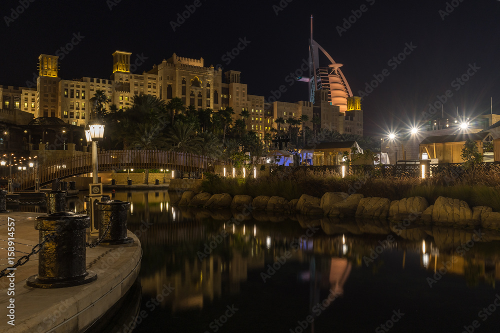 Souk Madinat Jumeirah near Burj al Arab at night, UAE United Arab Emirates