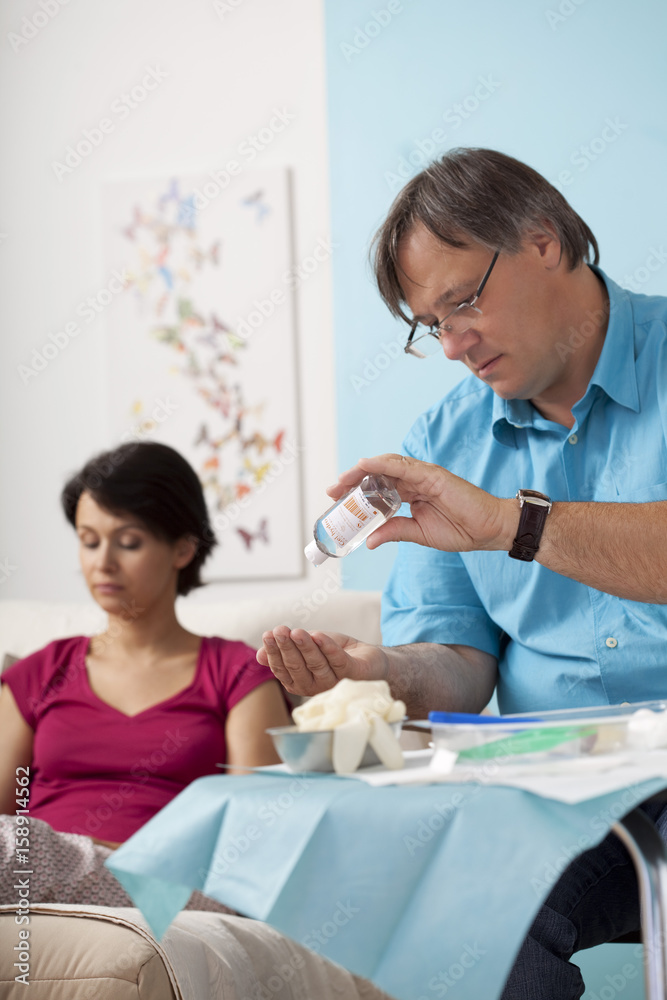 Illustration of domiciliary care with a male nurse and a patient Illustration of domiciliary care with a male nurse and a patient