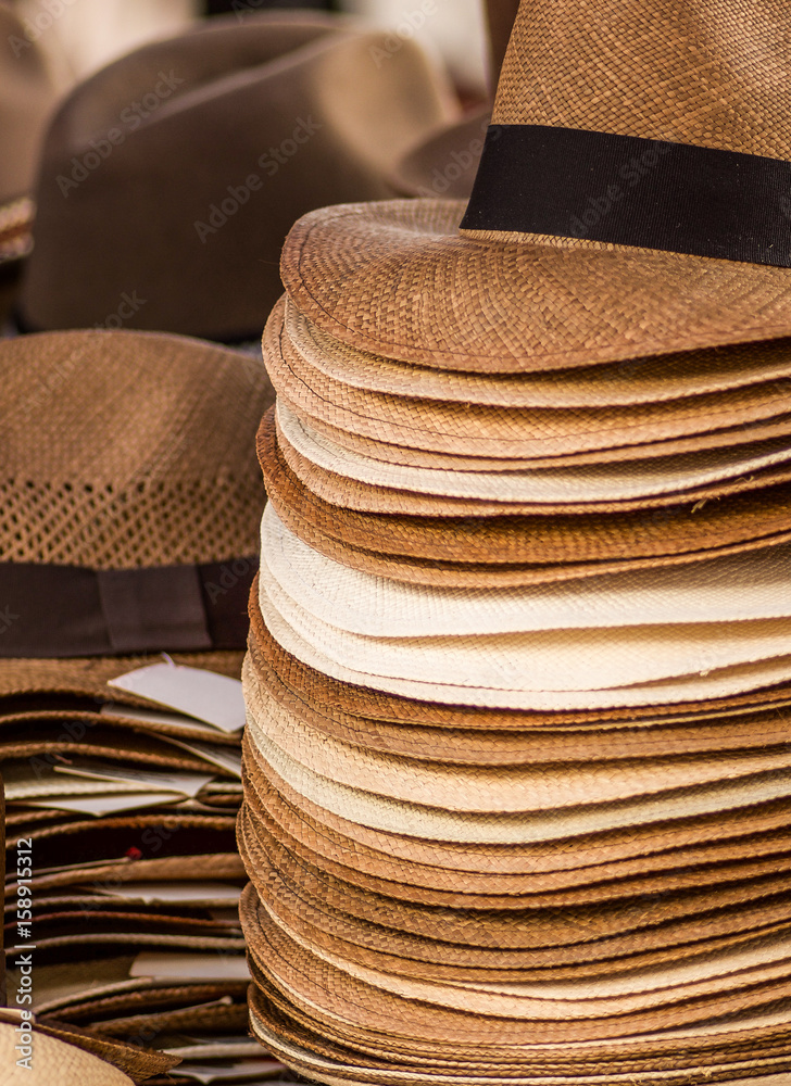 OTAVALO, ECUADOR - MAY 17, 2017: Handmade Panama Hats at the craft market in Otavalo, Ecuador