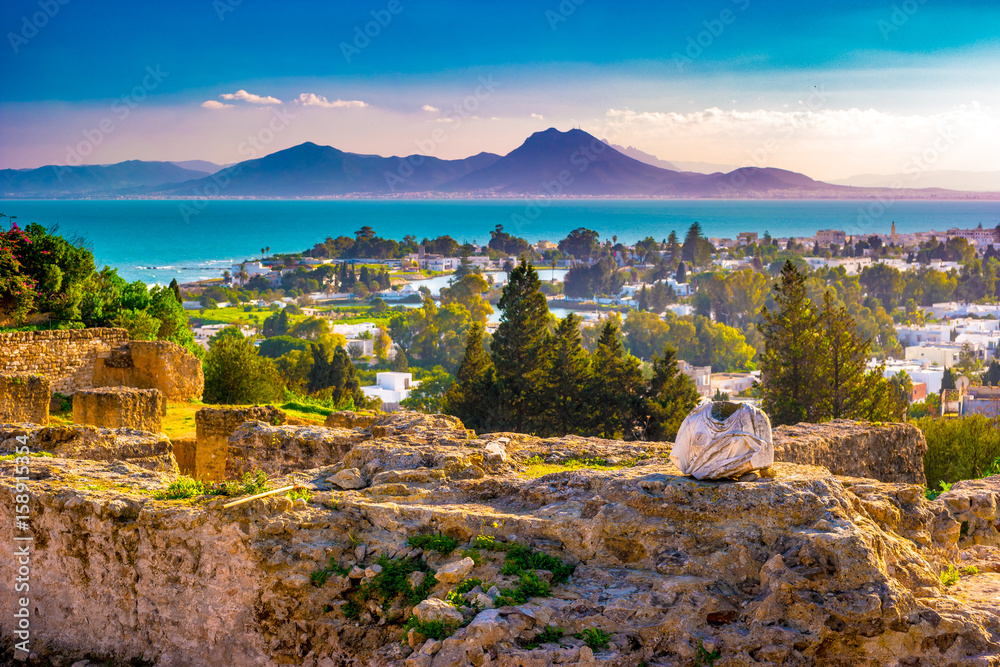 Naklejka premium Widok ze wzgórza Byrsa ze starożytnymi pozostałościami Kartaginy i krajobrazu. Tunis, Tunezja.